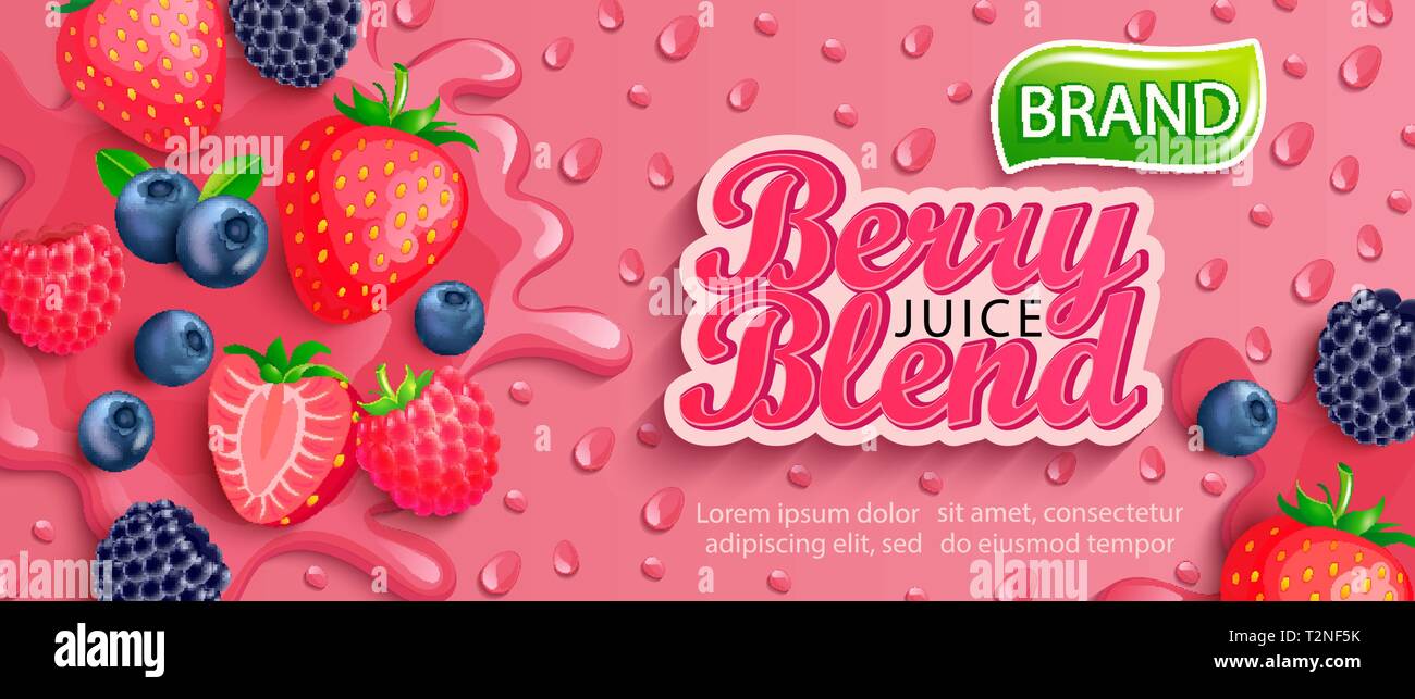 Berry blend zumo fresco de banner de bienvenida con apteitic gotas de condensación.fresas, arándanos, frambuesas y moras antecedentes para la marca Ilustración del Vector