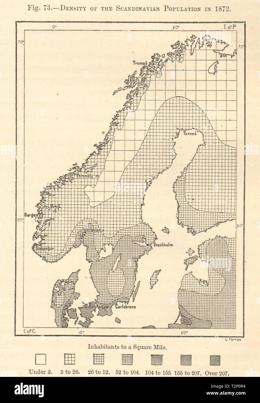 Densidad de población escandinavos en 1872. Noruega Suecia Dinamarca. Croquis 1885 Foto de stock
