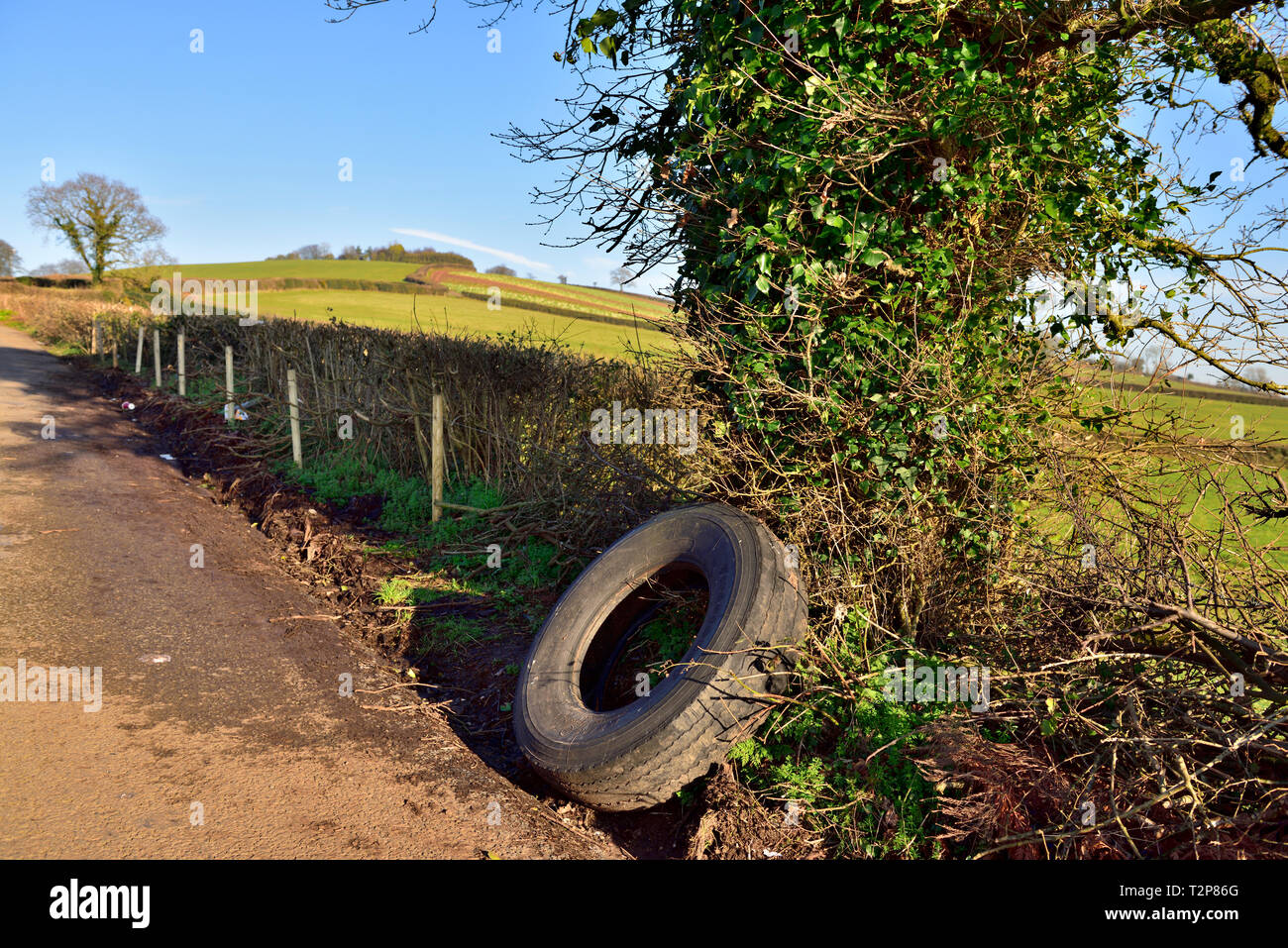 Carretera Rural sentar por neumáticos usados abandonados. Foto de stock