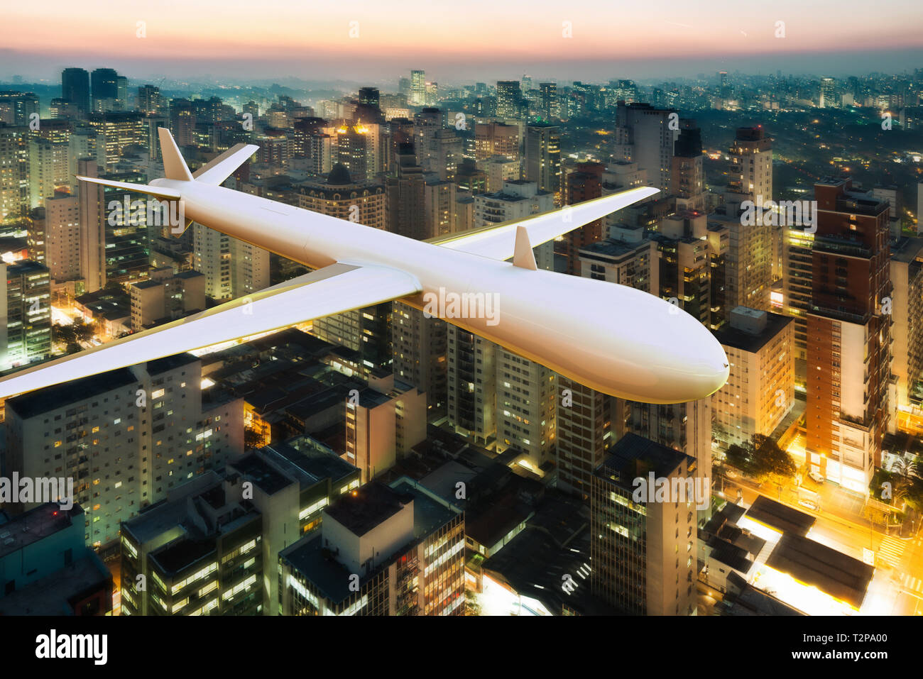 Representación 3D de un avión teledirigido surveilling sobre una gran ciudad Foto de stock