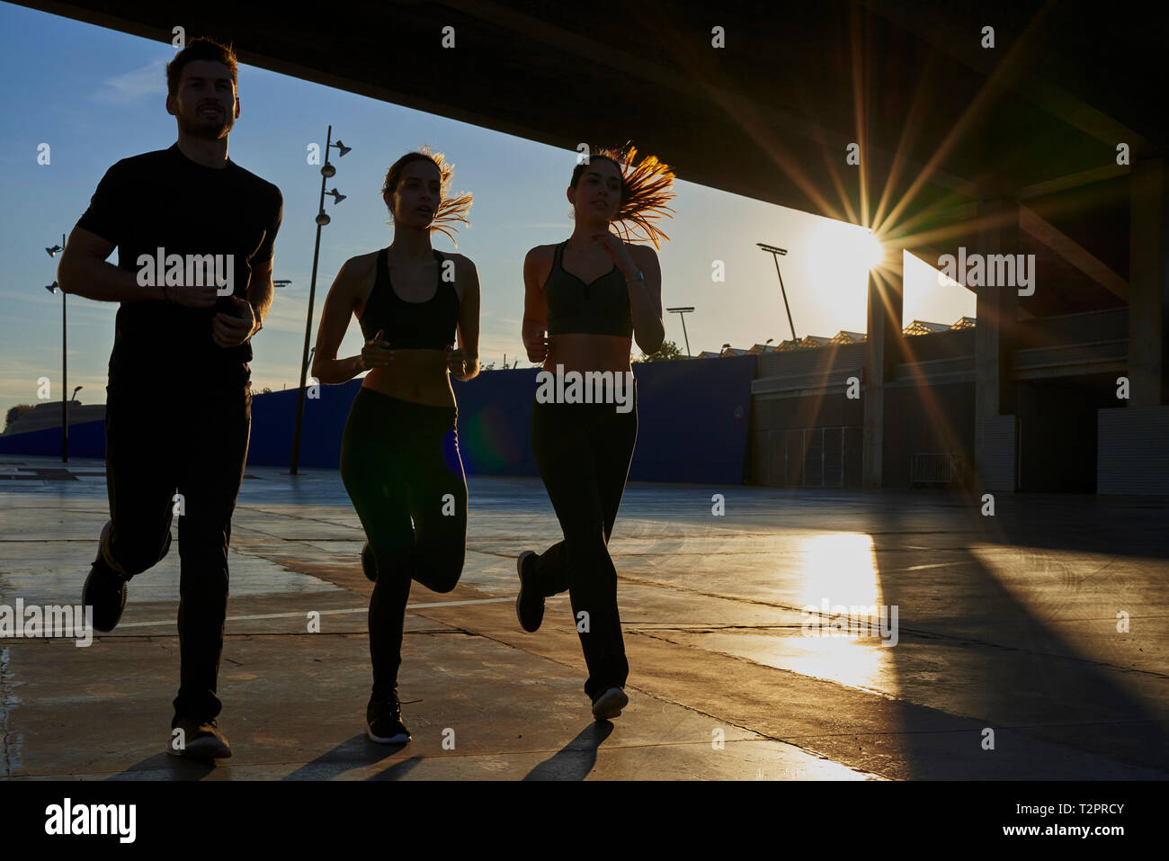 Amigos trotar en el estadio deportivo al atardecer Foto de stock