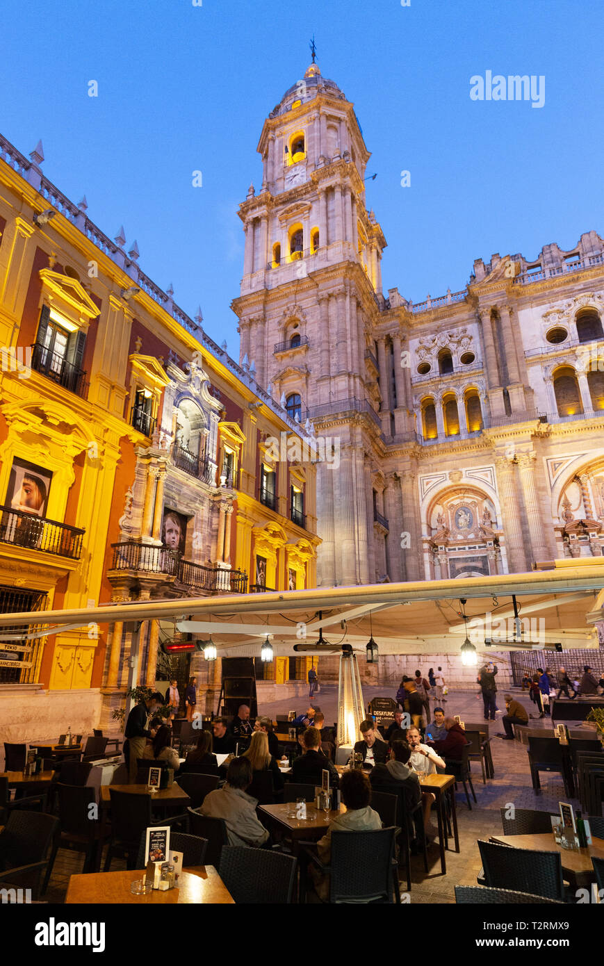 La Catedral de Málaga y el Palacio de los Obispos iluminados durante la noche, visto desde la Plaza del Obispo, el casco antiguo de Málaga, Andalucía, España Foto de stock