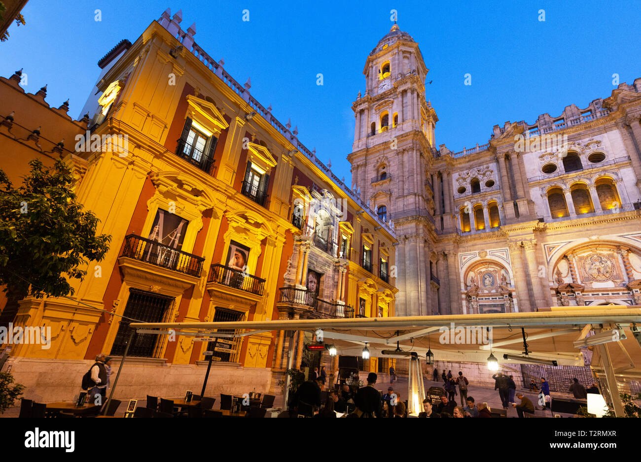 La Catedral de Málaga y el Palacio de los Obispos iluminados durante la noche, visto desde la Plaza del Obispo, el casco antiguo de Málaga, Andalucía, España Foto de stock