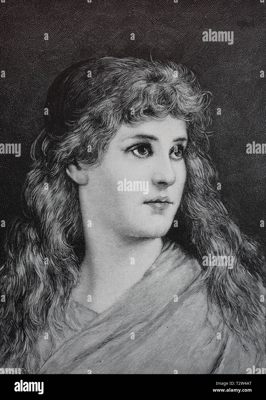Retrato de una niña con el pelo largo desde el siglo xix, Porträt eines Mädchen mit langen Haaren aus dem 19. Jahrhundert Foto de stock