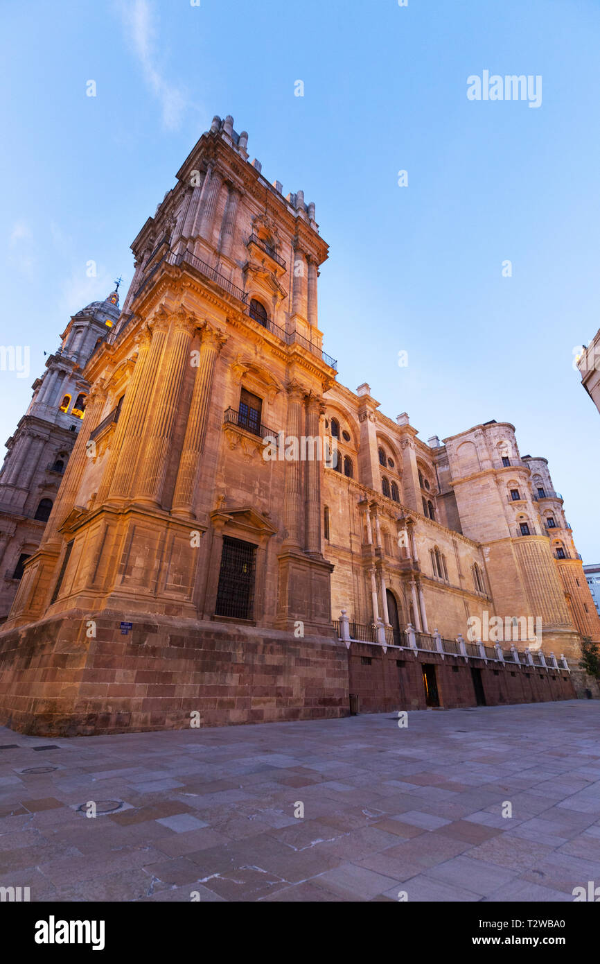 Catedral de Málaga iluminado al anochecer, al casco antiguo de Málaga, Málaga Andalucía España Europa Foto de stock