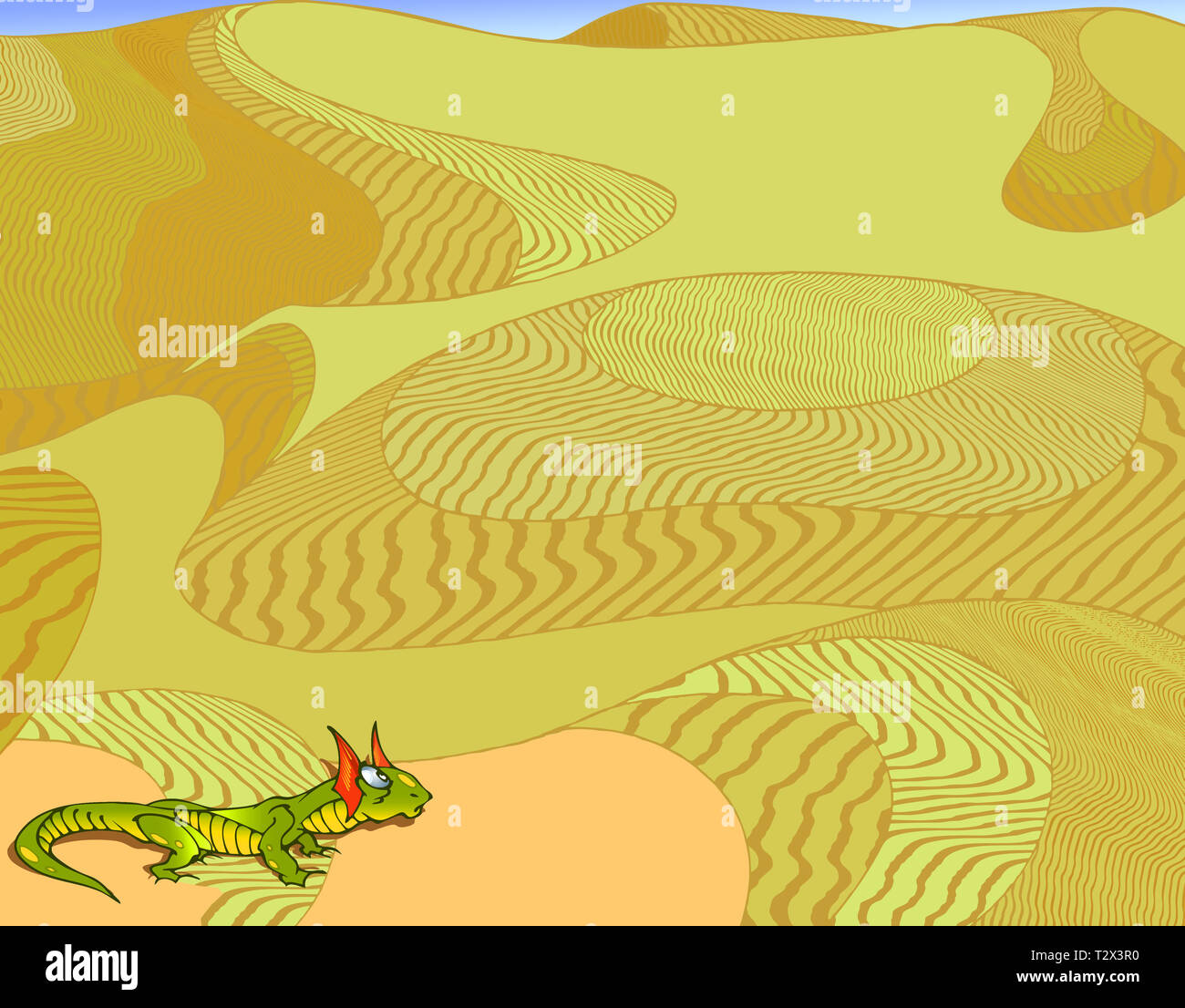 En una ilustración de fondo estilizado con un paisaje de amarillo desierto. Y de un verde brillante, lizard en primer plano. Foto de stock