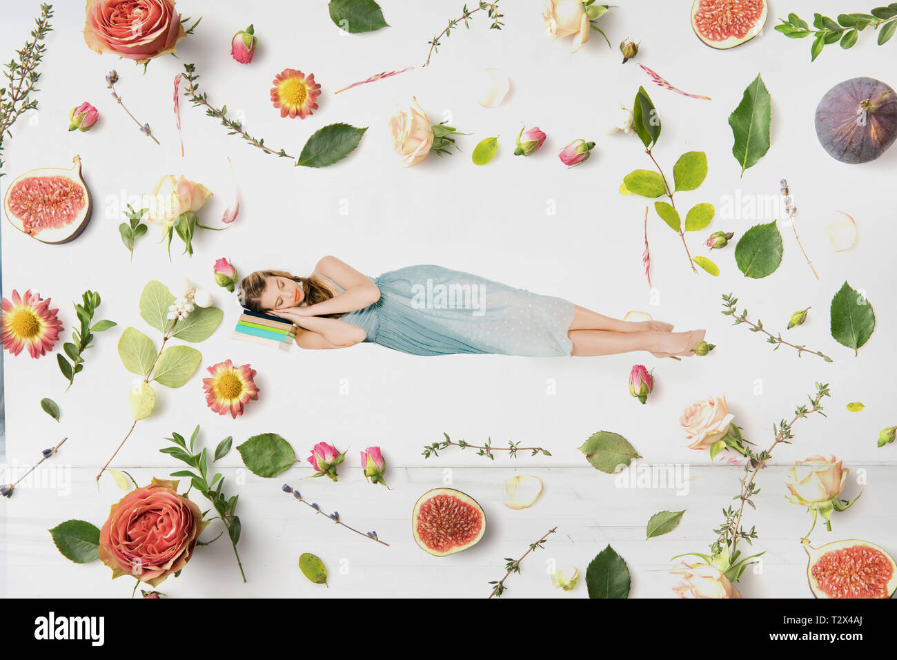 Chica en vestido azul durmiendo en libro en el aire entre flores  ilustración Fotografía de stock - Alamy