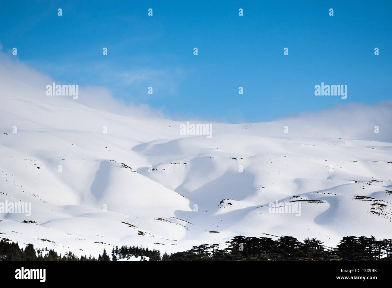 Esta es una captura de un paisaje durante el invierno en el norte del Líbano y se puede ver la nieve cubre las montañas enormes Foto de stock