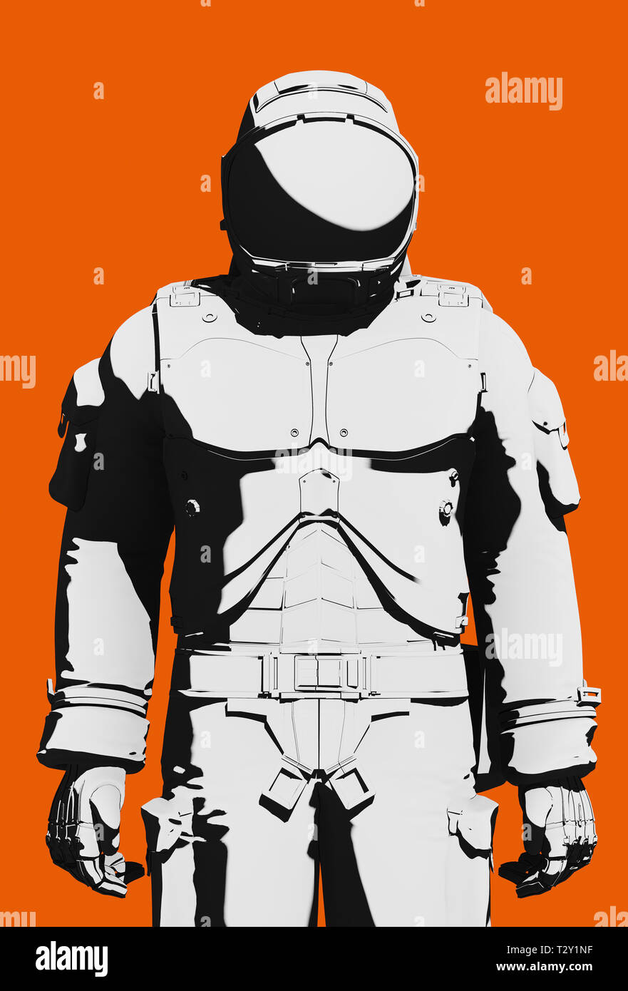 Blanco y negro funcional astronauta actividad extravehicular traje espacial sobre fondo naranja. Vista frontal de cerca, la línea de representación de arte ilustración digital Foto de stock