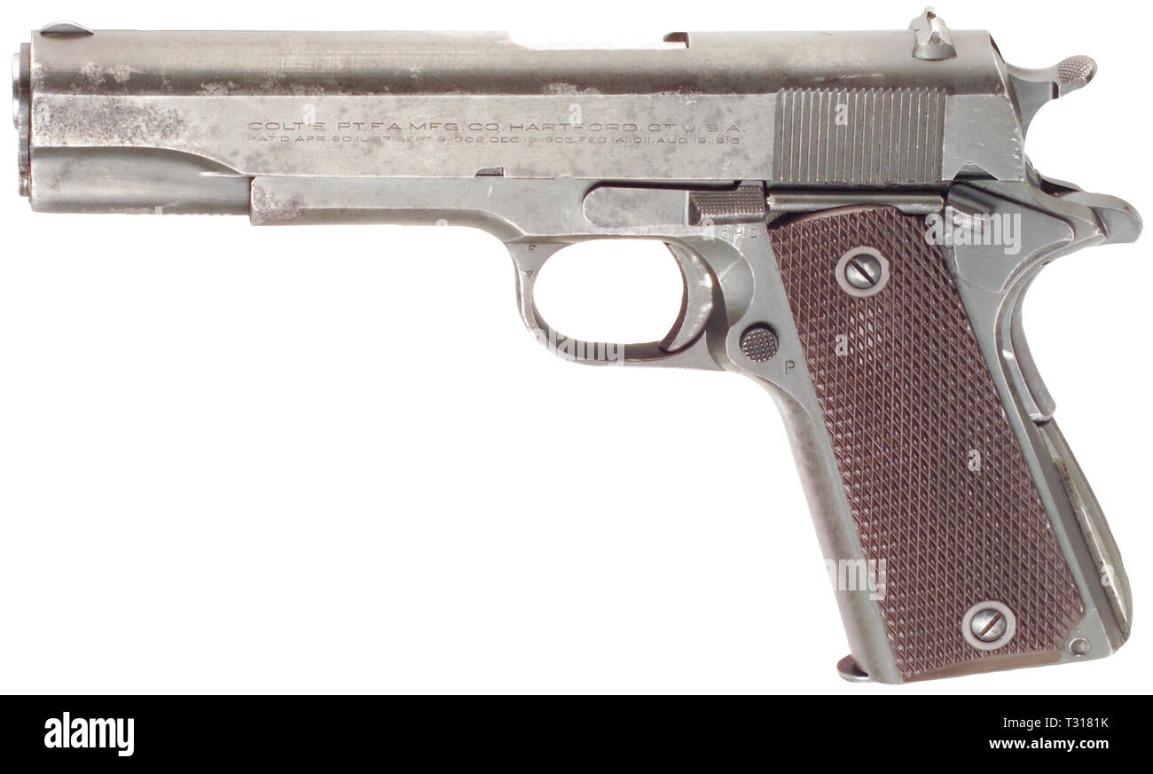 Las armas pequeñas, pistolas Colt, modelo 1911, calibre .45, sólo Editorial-Use Foto de stock
