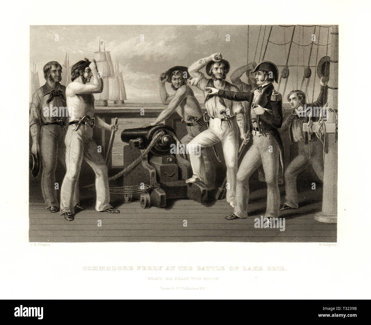 La batalla del lago Erie, la guerra de 1812, el comodoro Perry, preparando sus marineros en el Lawrence antes de la batalla Foto de stock