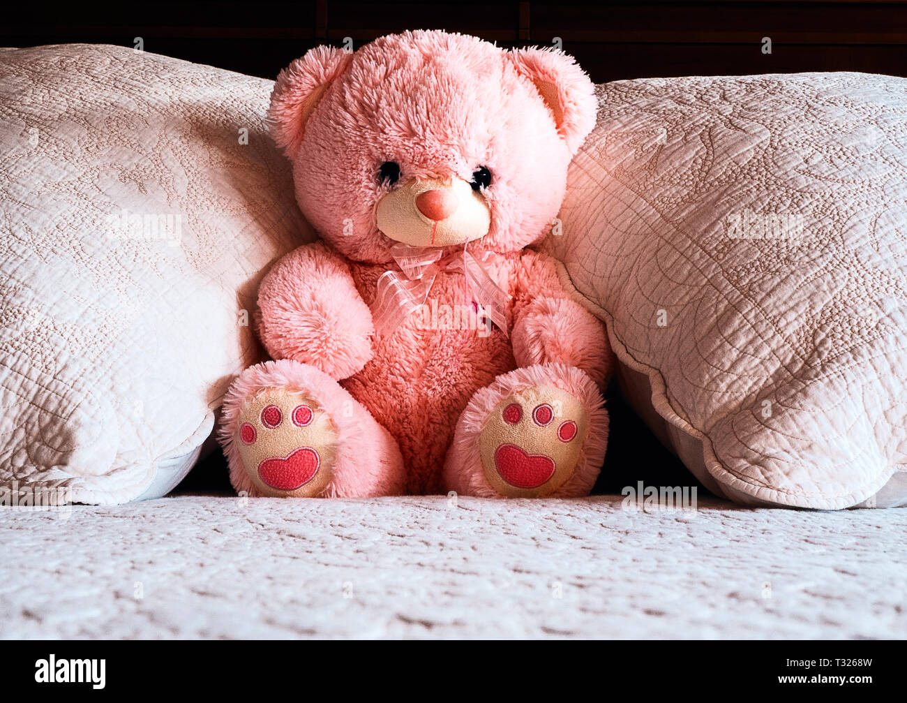 Oso de peluche rosa sobre una cama Fotografía de stock - Alamy