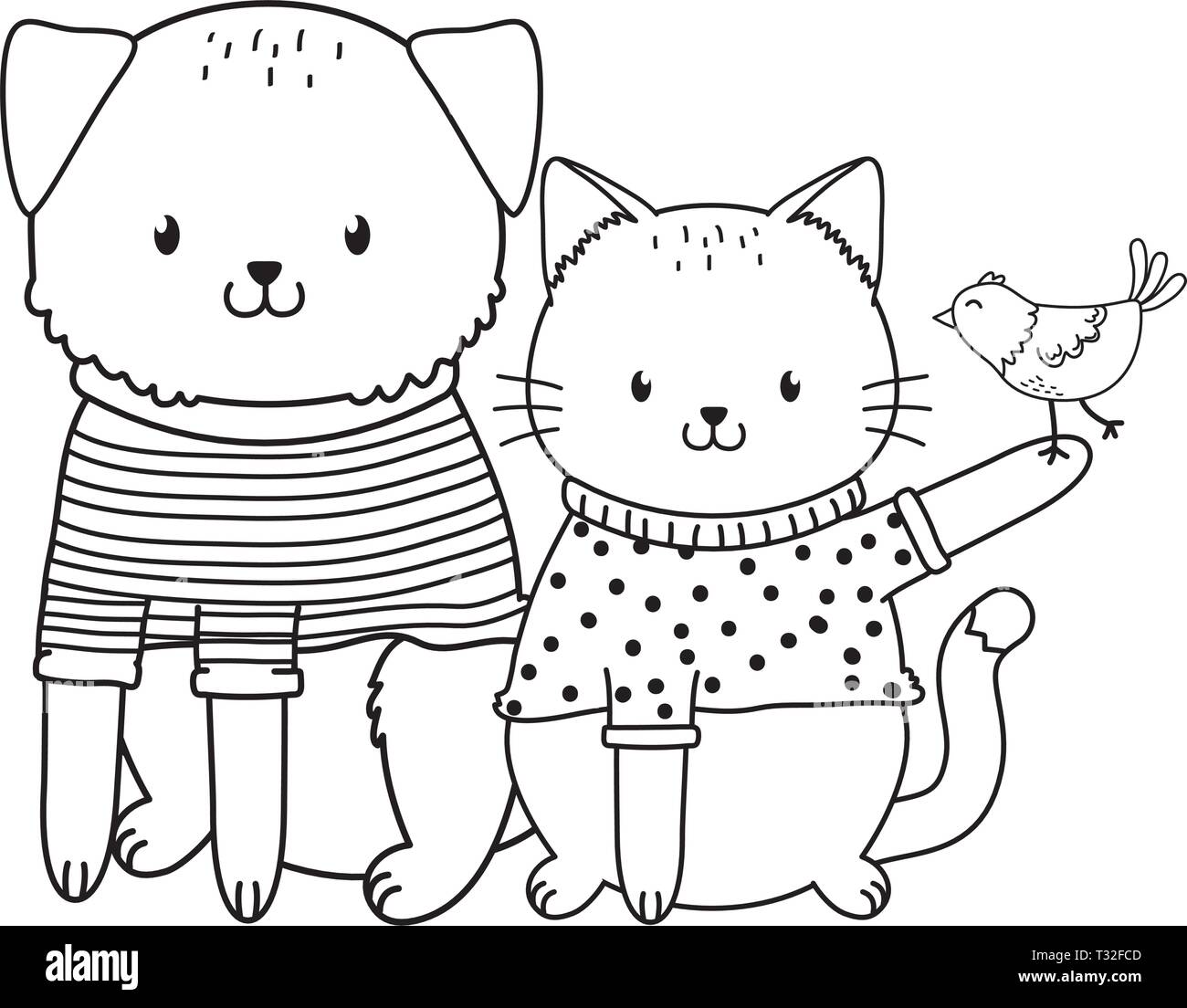 Lindo gato con perro y pájaro woodland caracteres diseño ilustración