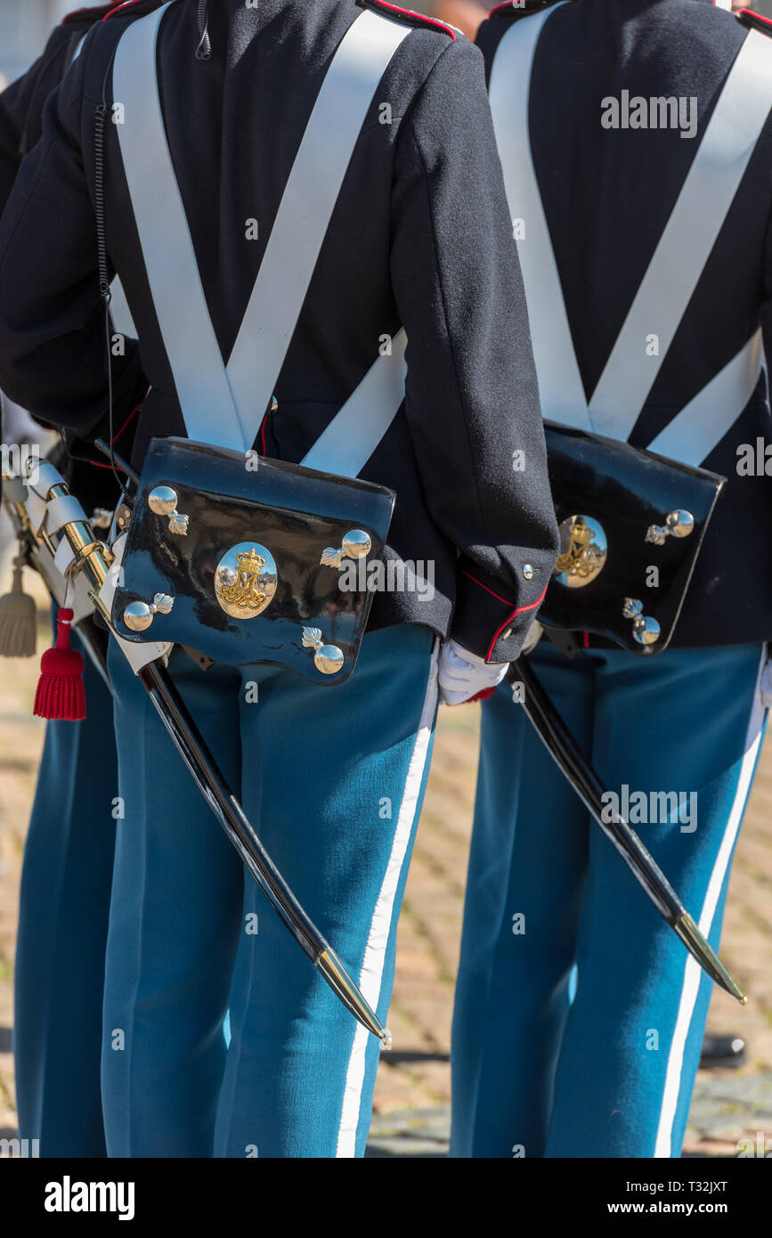 Detalle de los sables y profusamente decorado bolsitas de Vida Real Danesa guardias en sus uniformes azules ceremonial en el Palacio de Amalienborg Foto de stock