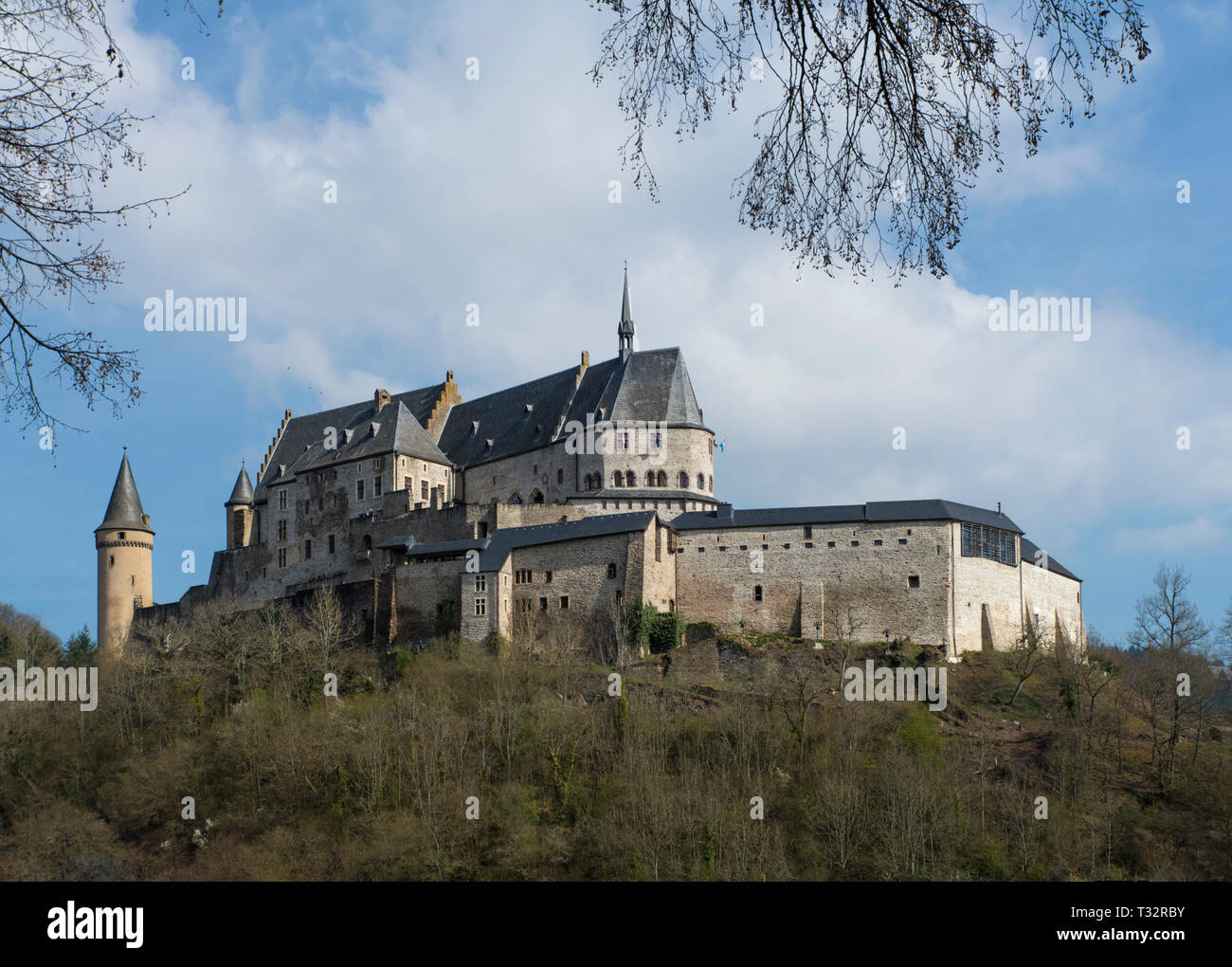 Castillo de Vianden situado sobre una colina en el norte de Luxemburgo. La foto fue tomada en abril de 2019. Foto de stock