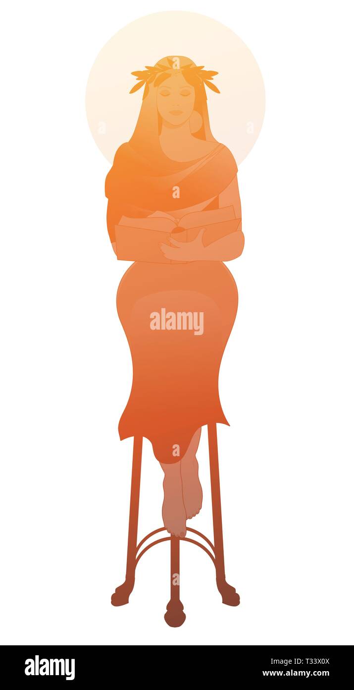 Silueta de la sacerdotisa con una corona de laurel leyendo un libro