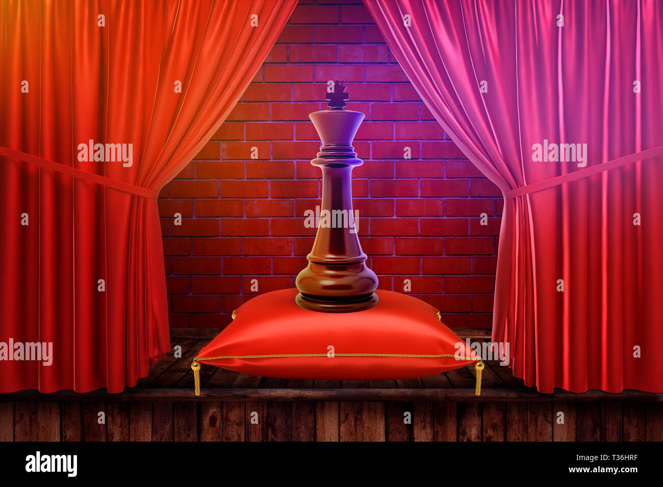 Representación 3D de una pieza de rey de ajedrez sobre una almohada royal  rojo sobre el escenario con cortinas rojas Fotografía de stock - Alamy