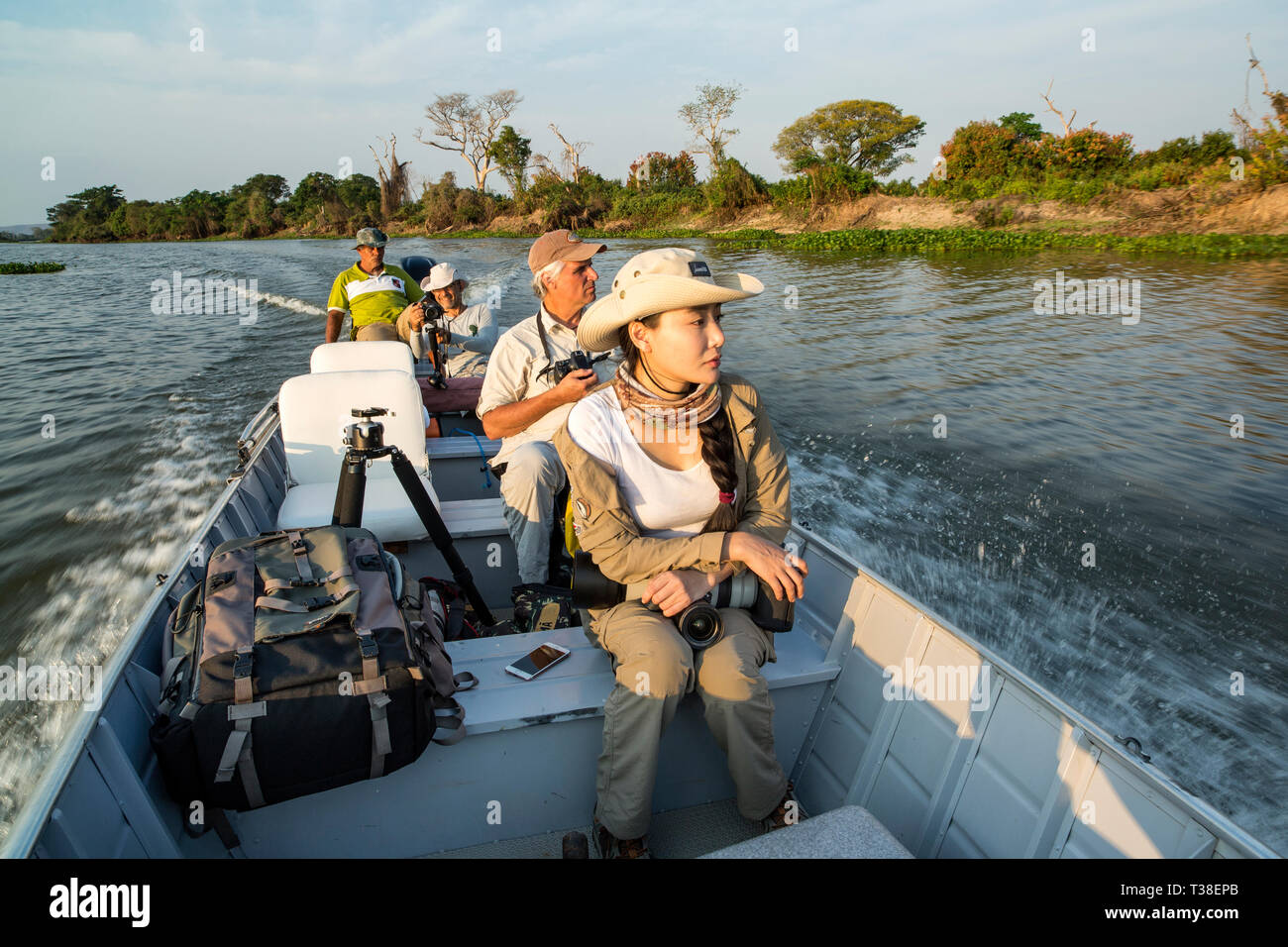 Los turistas disfrutan de los humedales, el río Paraguay, el Pantanal, Brasil Foto de stock