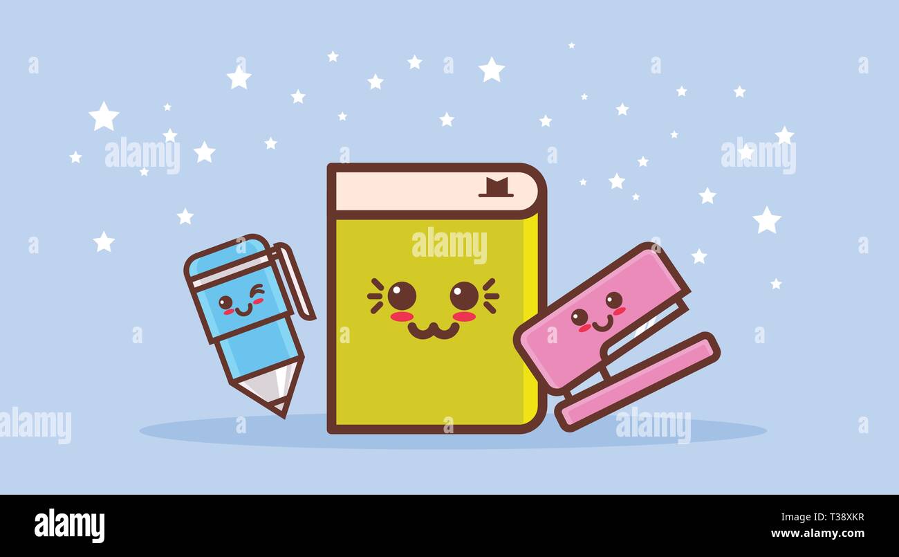 Lindo set grapadora libro y pluma personajes de historietas de dibujos  animados con caras sonrientes, felices emoji estilo kawaii back to school  concepto vector horizontal illustrati Imagen Vector de stock - Alamy