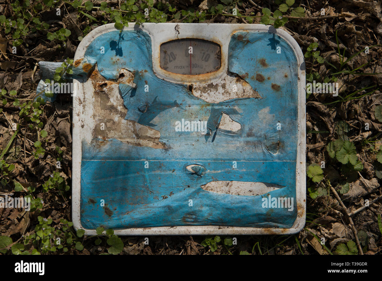 Báscula de baño - antiguo peso. Baño dañado el sobrepeso Fotografía de stock Alamy