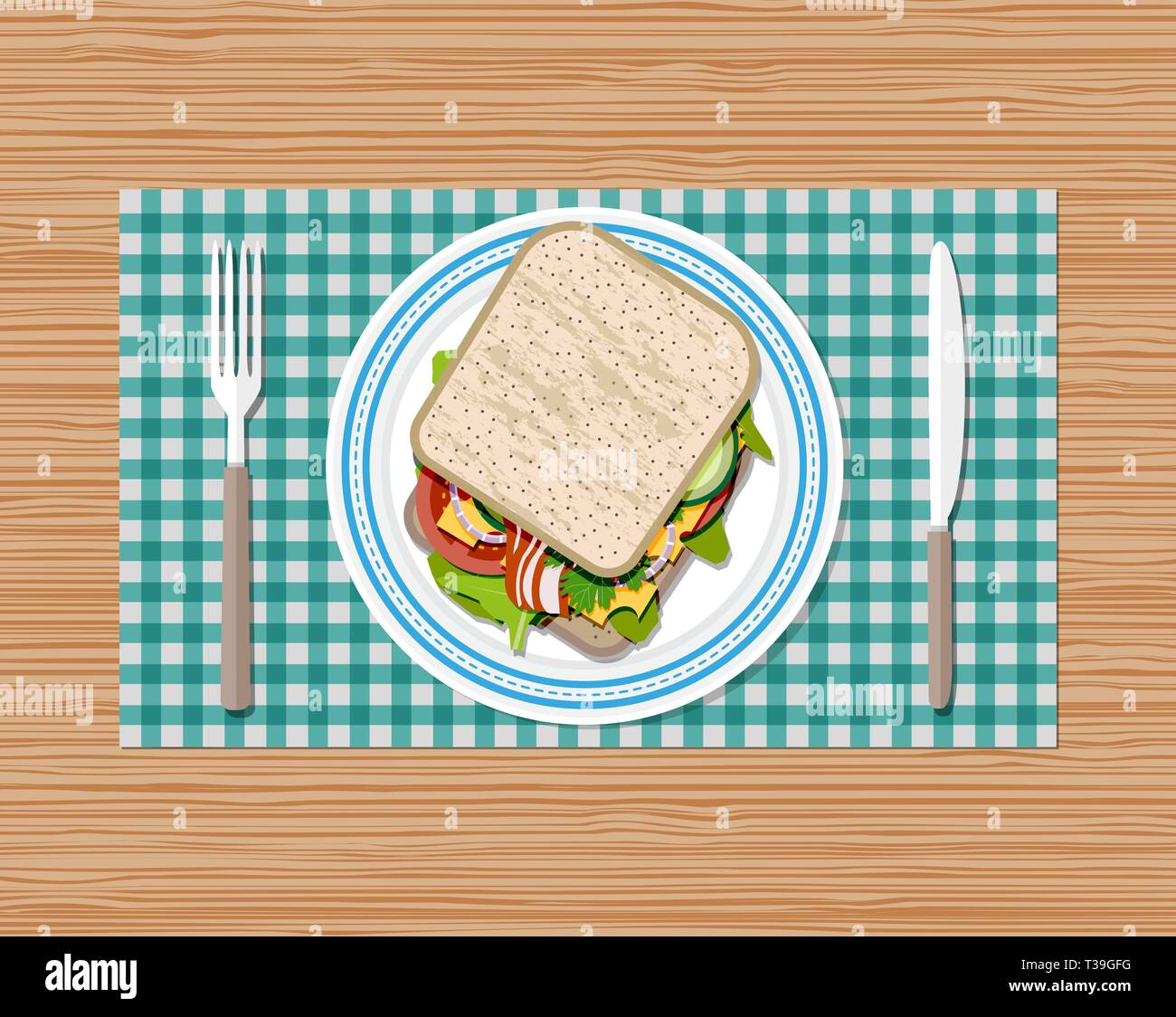 Vista superior de la placa de emparedado. tenedor y cuchillo. tostadas de pan, tomate, jamón, queso y ensalada. ilustración vectorial en estilo plano sobre fondo de madera Ilustración del Vector