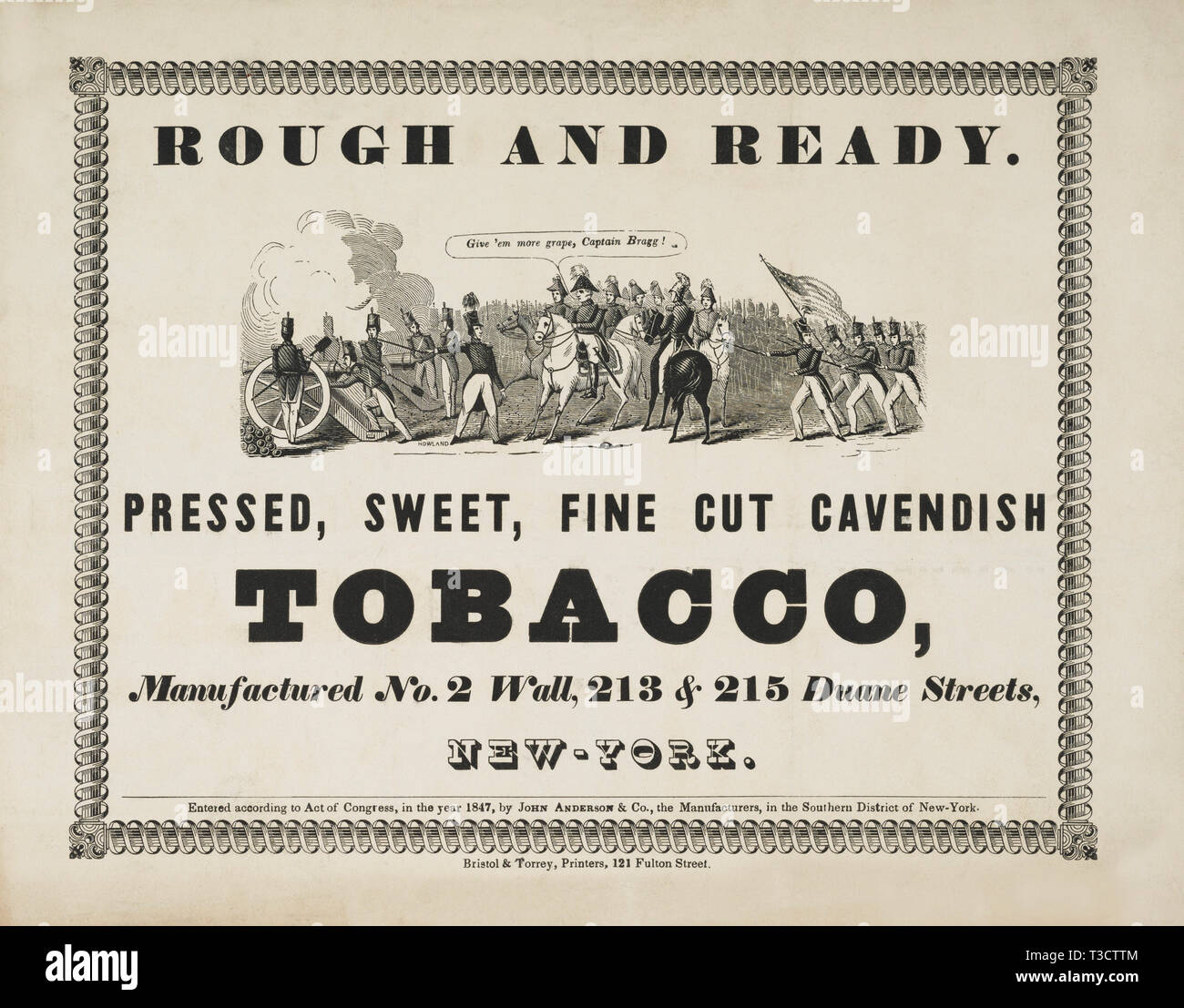 Y listo, pulsa áspera, dulce, Fino tabaco Cavendish, la etiqueta del paquete, John Anderson & Company, impreso por Bristol & Torrey impresoras, Nueva York, 1847 Foto de stock