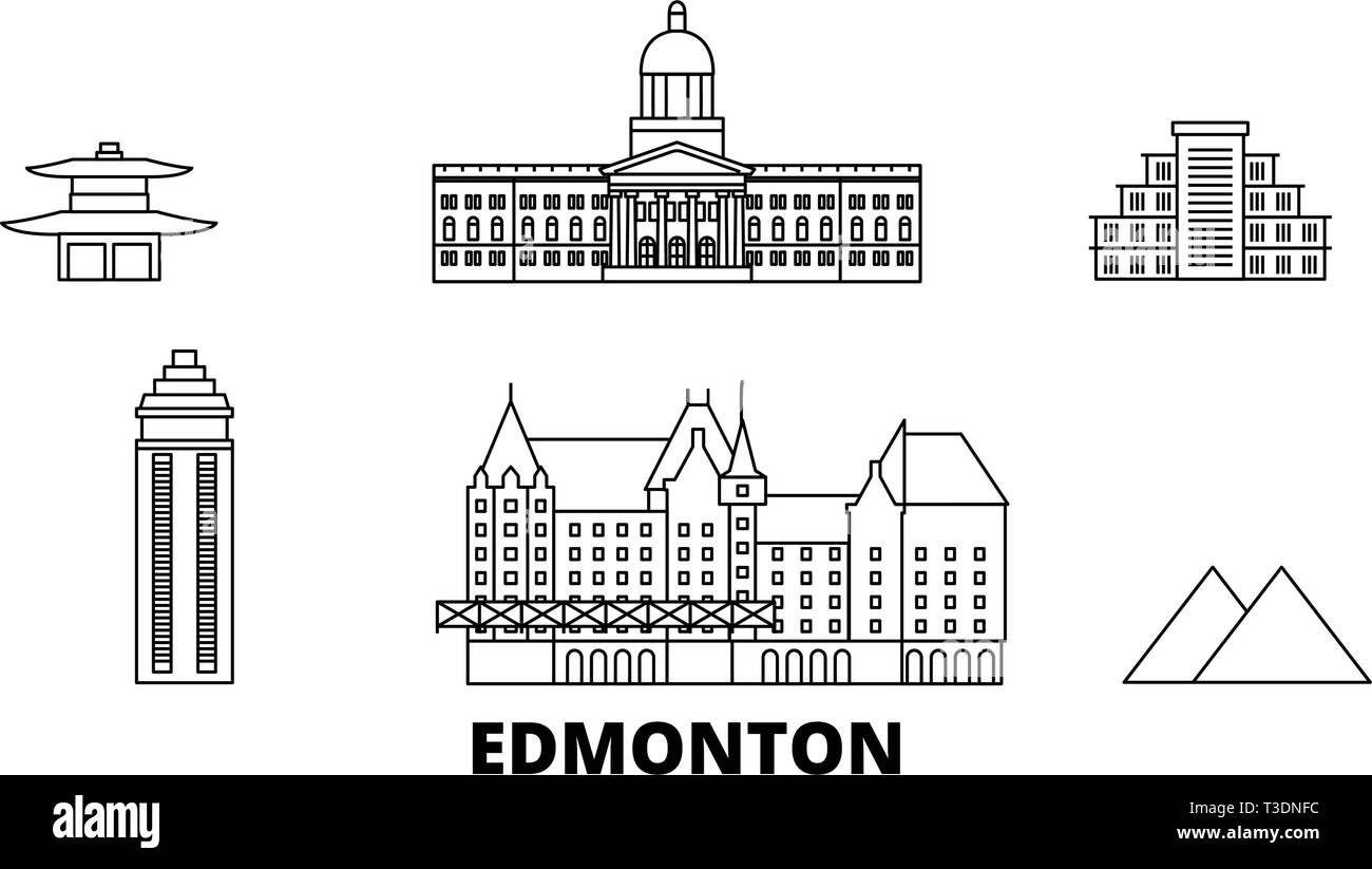 Canadá, Edmonton línea horizonte de viaje. Canadá, Edmonton esquema ilustración vectorial, símbolo de la ciudad, lugares turísticos, monumentos. Ilustración del Vector