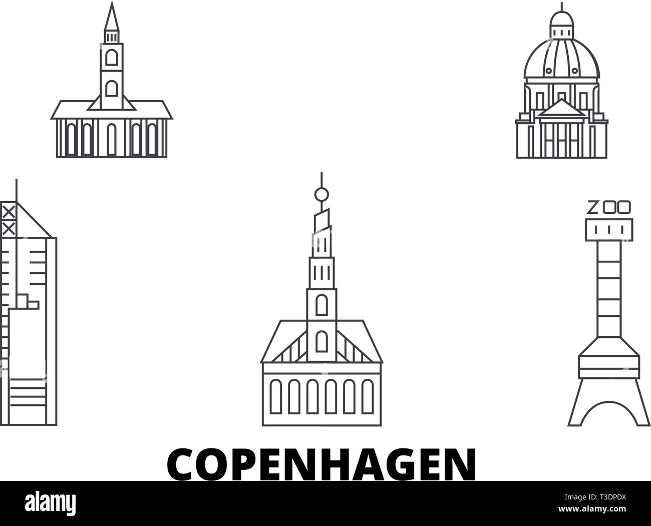 Dinamarca, Copenhague City line travel skyline. Esquema de la ciudad de Copenhague, Dinamarca ilustración vectorial, símbolo de la ciudad, lugares turísticos, monumentos. Ilustración del Vector