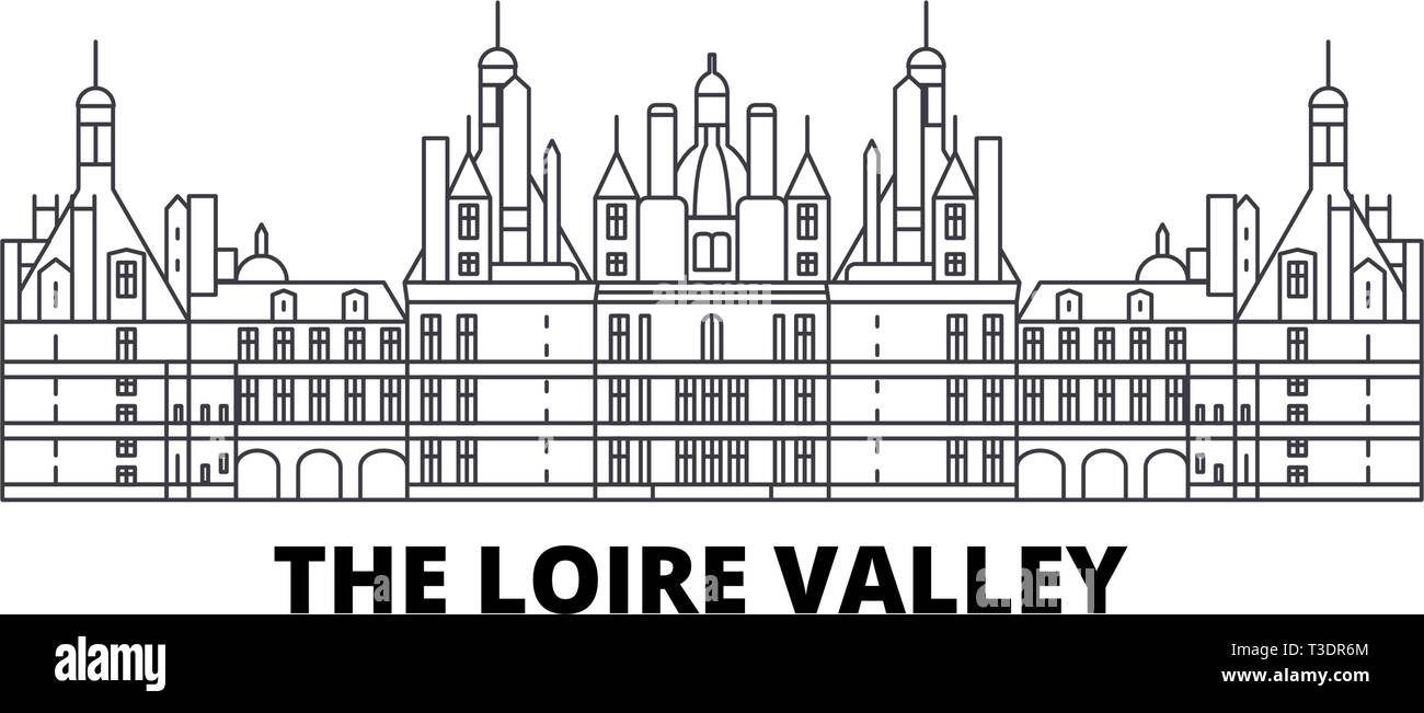 Francia, el Valle del Loira viaje línea horizonte establecido. Francia, el Valle del Loira esquema ilustración vectorial, símbolo de la ciudad, lugares turísticos, monumentos. Ilustración del Vector
