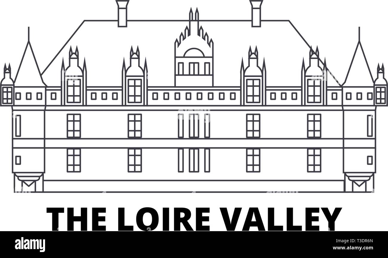 Francia, el Valle del Loira Landmark línea horizonte de viaje. Francia, el Valle del Loira esbozo histórico ilustración vectorial, símbolo de la ciudad, lugares turísticos Ilustración del Vector