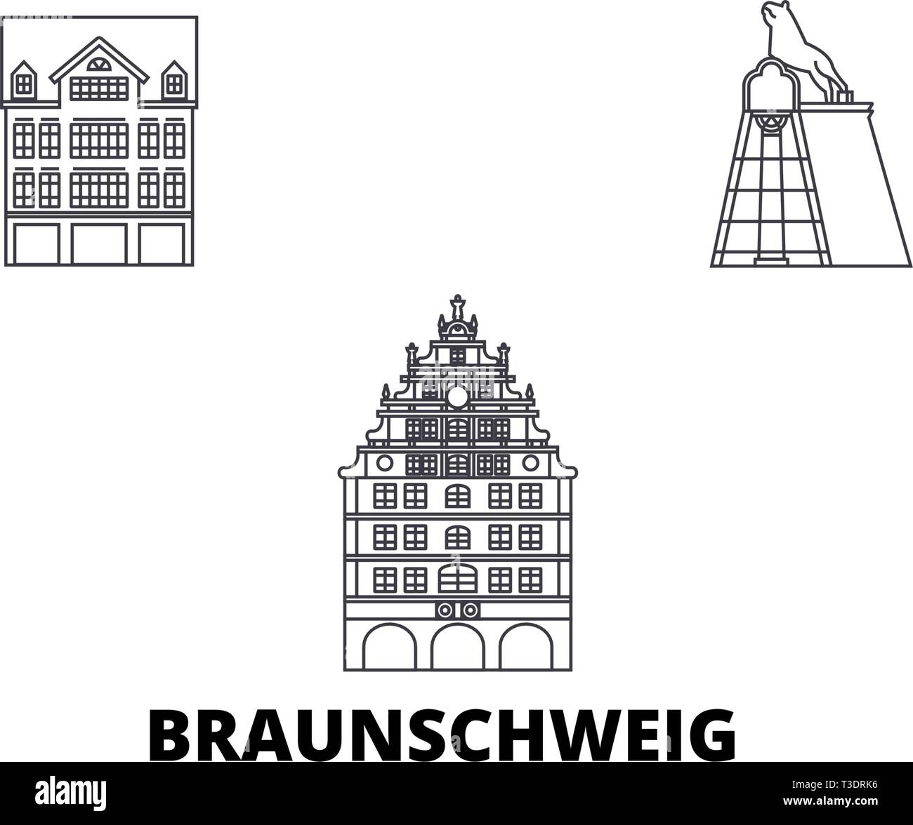 Alemania, Braunschweig, la línea del horizonte de viaje. Alemania, Braunschweig esquema ilustración vectorial, símbolo de la ciudad, lugares turísticos, monumentos. Ilustración del Vector