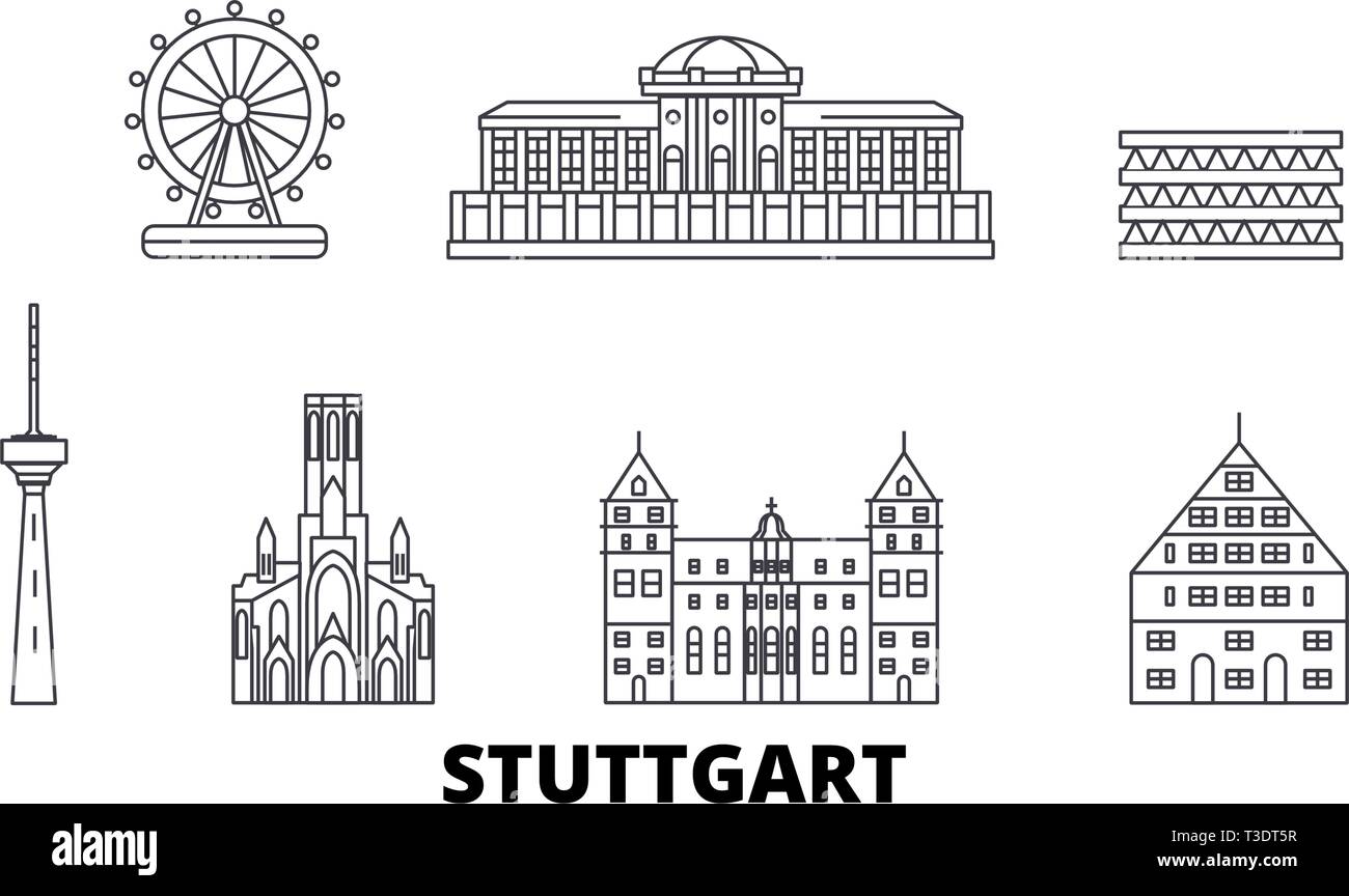Alemania, Stuttgart, la línea del horizonte de viaje. Alemania, Stuttgart esquema ilustración vectorial, símbolo de la ciudad, lugares turísticos, monumentos. Ilustración del Vector