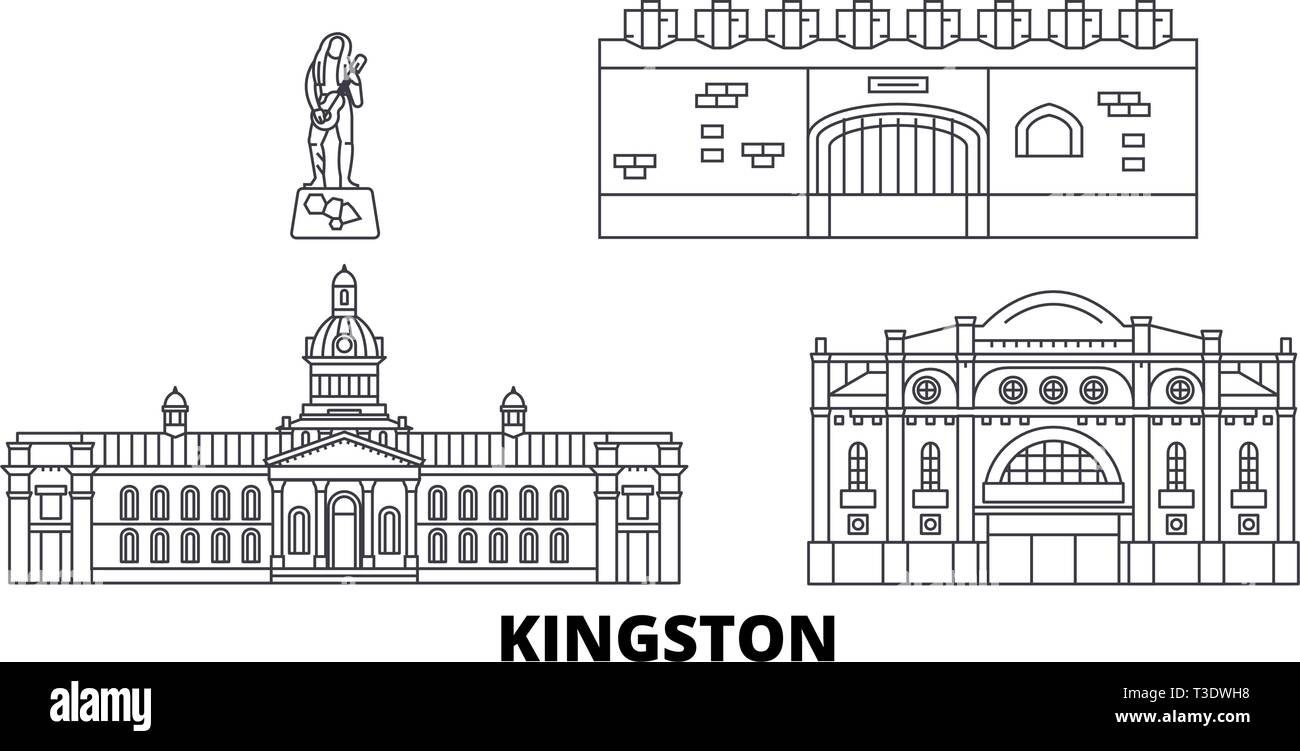 Jamaica, Kingston línea horizonte de viaje. Jamaica, Kingston esquema ilustración vectorial, símbolo de la ciudad, lugares turísticos, monumentos. Ilustración del Vector