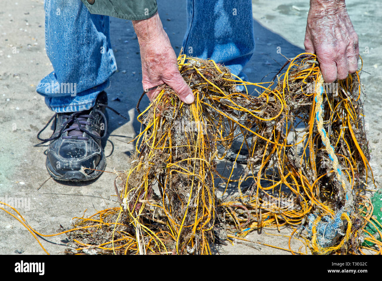 Costa, playa costera, macho adulto quitando la basura, recubierto de polietileno de pescar. Foto de stock