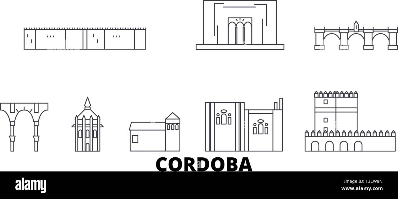 España, Córdoba la línea del horizonte de viaje. España, Córdoba esquema ilustración vectorial, símbolo de la ciudad, lugares turísticos, monumentos. Ilustración del Vector