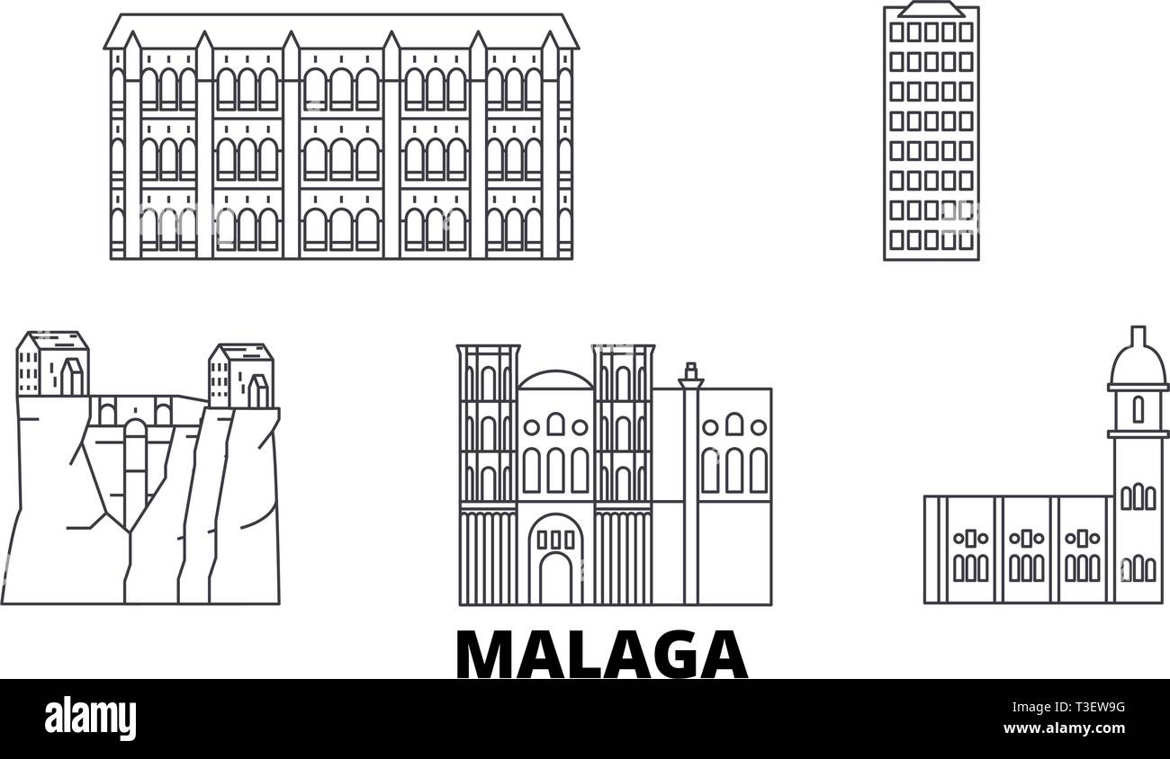 Málaga la línea del horizonte de viaje. Málaga esquema ilustración vectorial, símbolo de la ciudad, lugares turísticos, monumentos. Ilustración del Vector