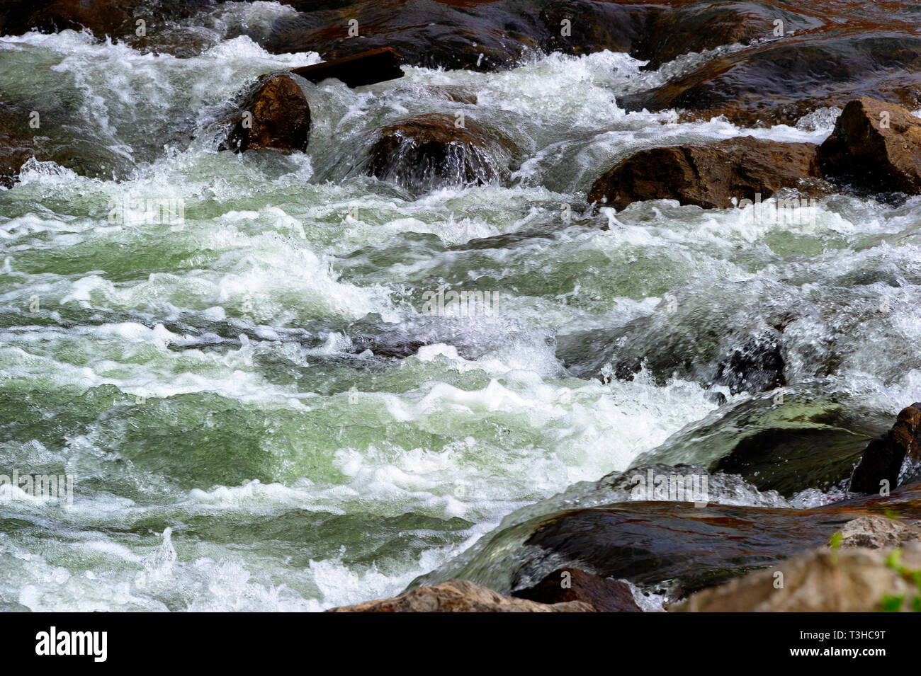 Río en cascada el agua fluye sobre rocas en el río creando rápidos. Foto de stock