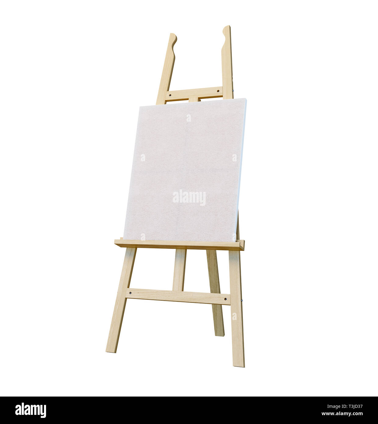 Soporte de pintura de caballete de madera con lienzo en blanco poster letrero aislado sobre fondo blanco, 3D rendering Foto de stock
