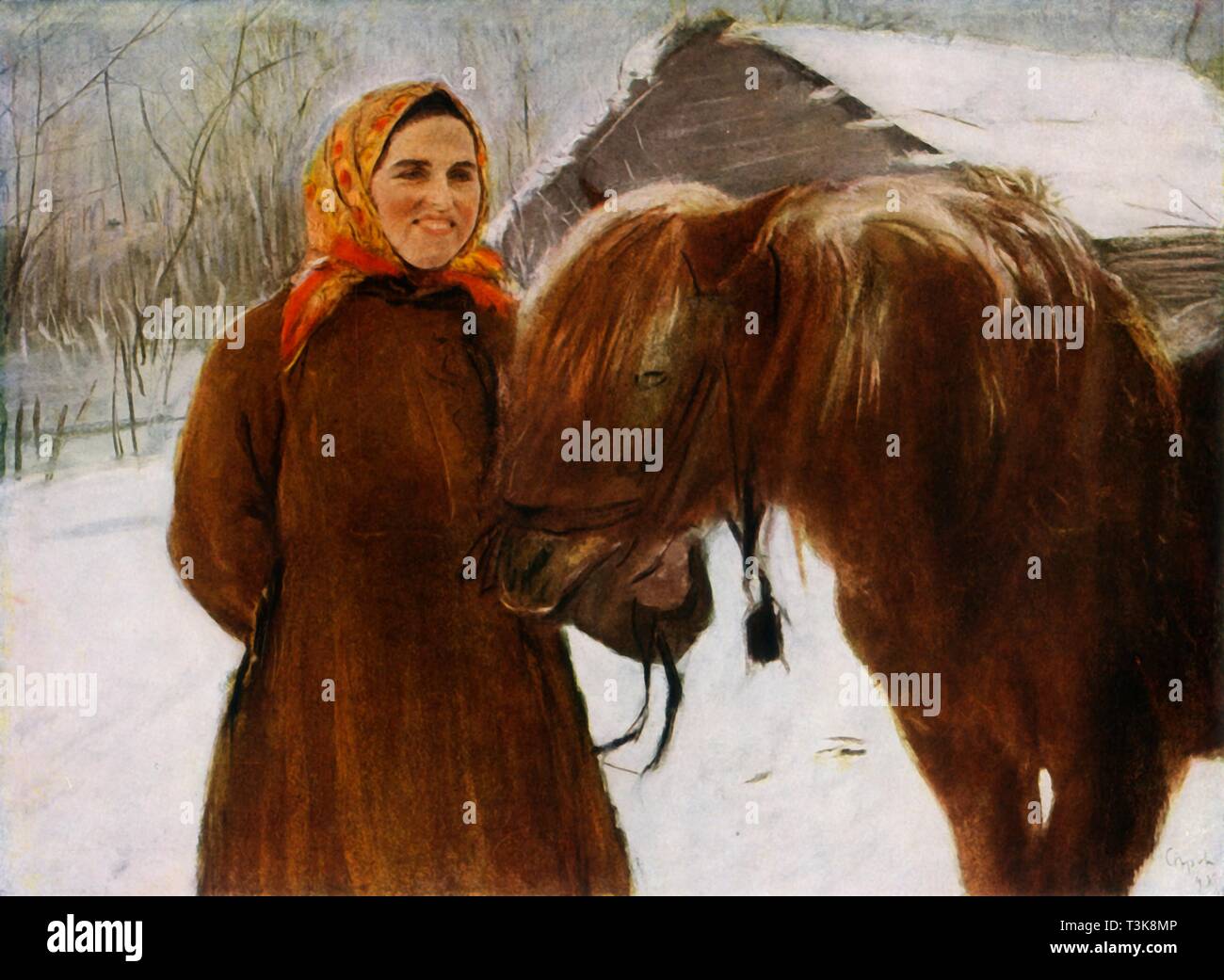 "Mujer con un caballo", 1898, (1965). Creador: Valentin Serov. Foto de stock