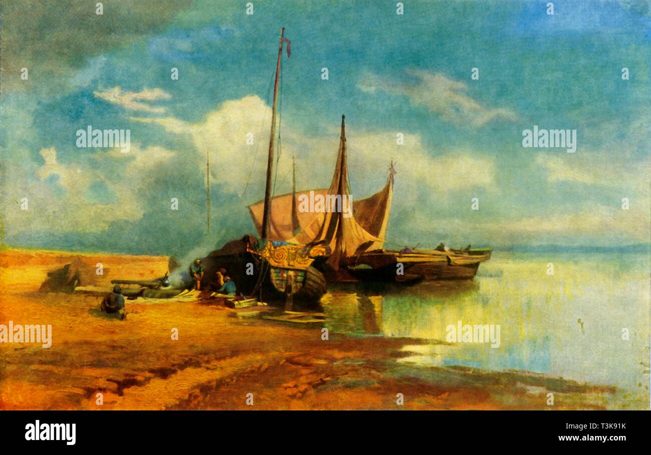 "Volga" del paisaje, 1870, (1965). Creador: Fiodor Vasil'yev. Foto de stock