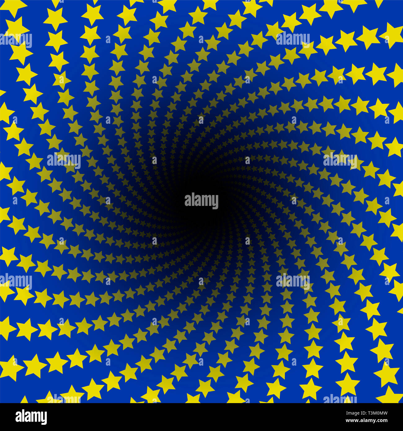 Patrón de estrella. Espiral infinito con agujero negro. Estrellas amarillas sobre fondo azul, los colores de la bandera europea. Ilustración fractal circulares trenzados. Foto de stock