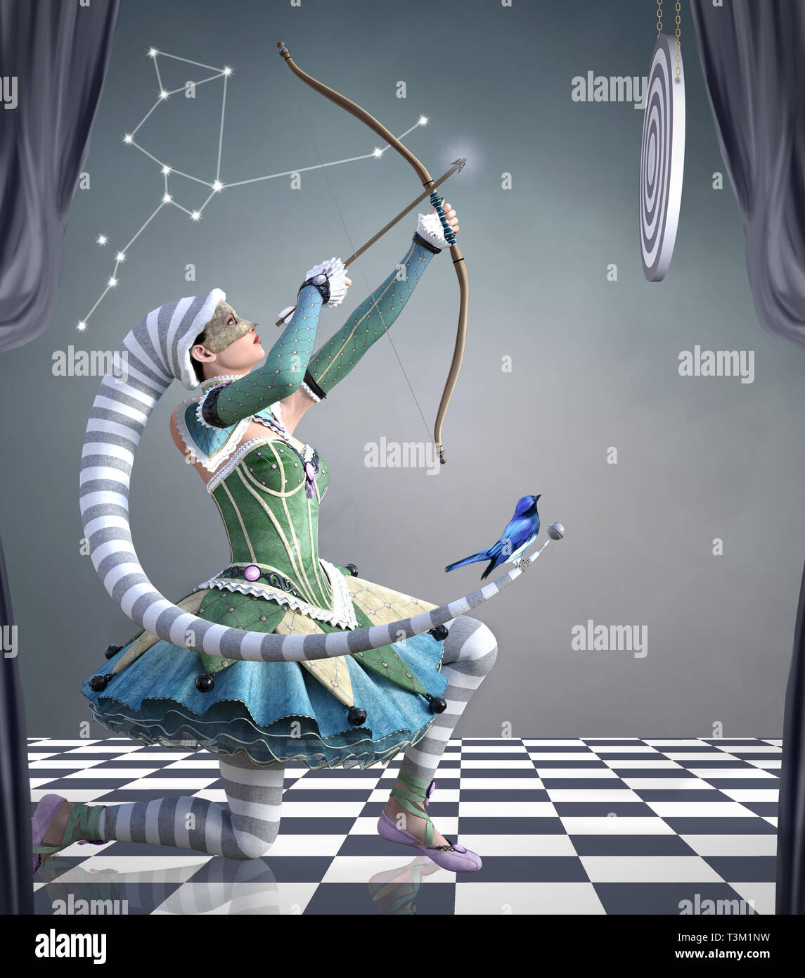 Zodiac series - Sagitario como un hermoso jester con arco y target Foto de stock