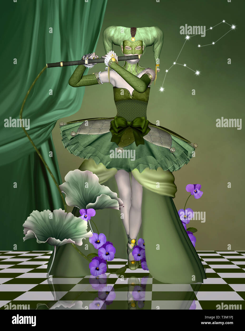 La serie del zodíaco - Virgo como una mascarada mujer tocando una flauta Foto de stock
