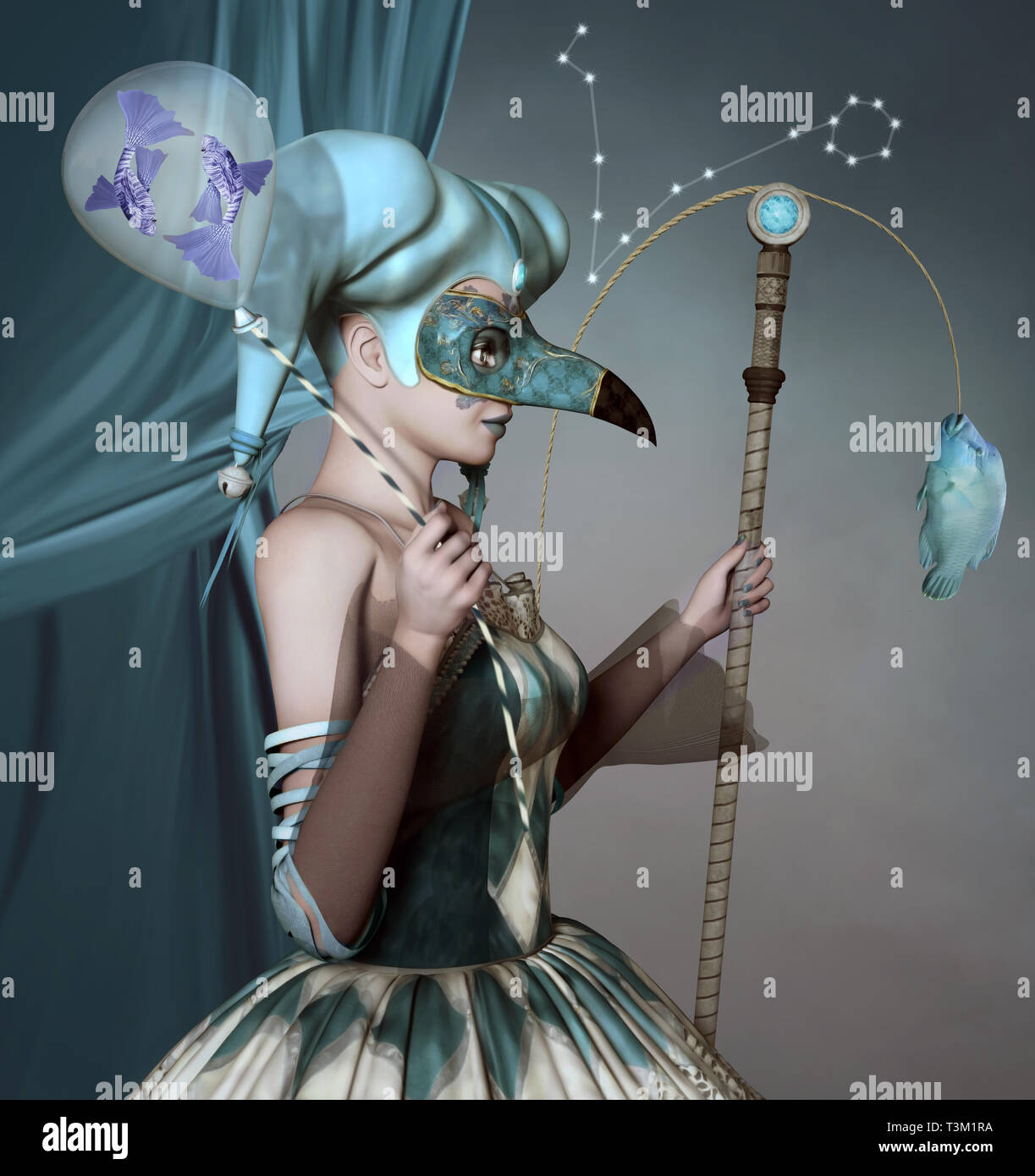 Zodiac series - Piscis como una mascarada mujer con caña de pescar y un globo Foto de stock