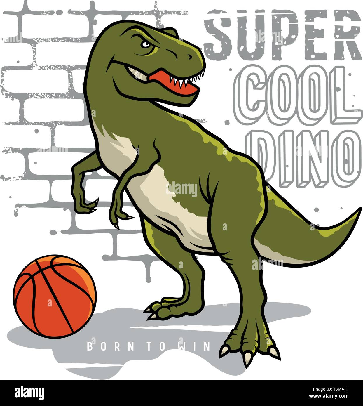 El dinosaurio y el eslogan de la tipografía para T shirt design.  Tiranosaurio Rex jugar al baloncesto en el fondo de la pared de ladrillo.  Athletic graphic tee. Vectores Imagen Vector de