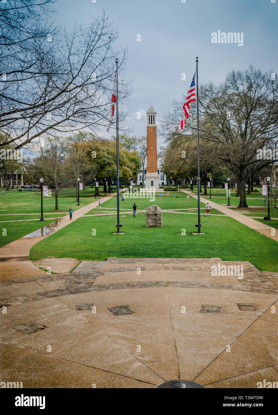 Denny campanillas y la Universidad de Alabama el cuadrángulo está visto desde los escalones de la biblioteca Amelia Gayle Gorgas en Tuscaloosa, Alabama. Foto de stock