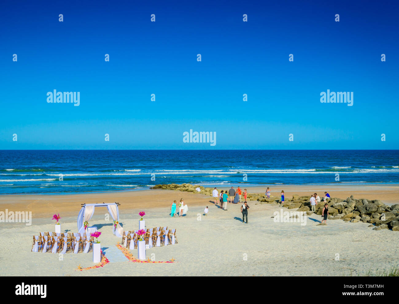 Los invitados a la boda se reúnen en la playa después de una ceremonia de boda en el río para preservar el mar, 9 de abril de 2015, en​ Marineland, Florida. Foto de stock