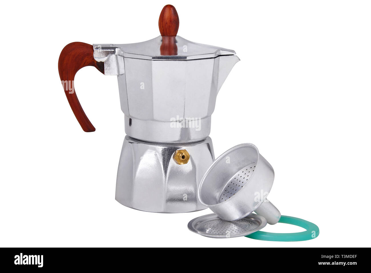 El géiser metálicos cafetera, cafetera aislado sobre fondo El géiser metálicos cafetera, cafetera aislado sobre fondo