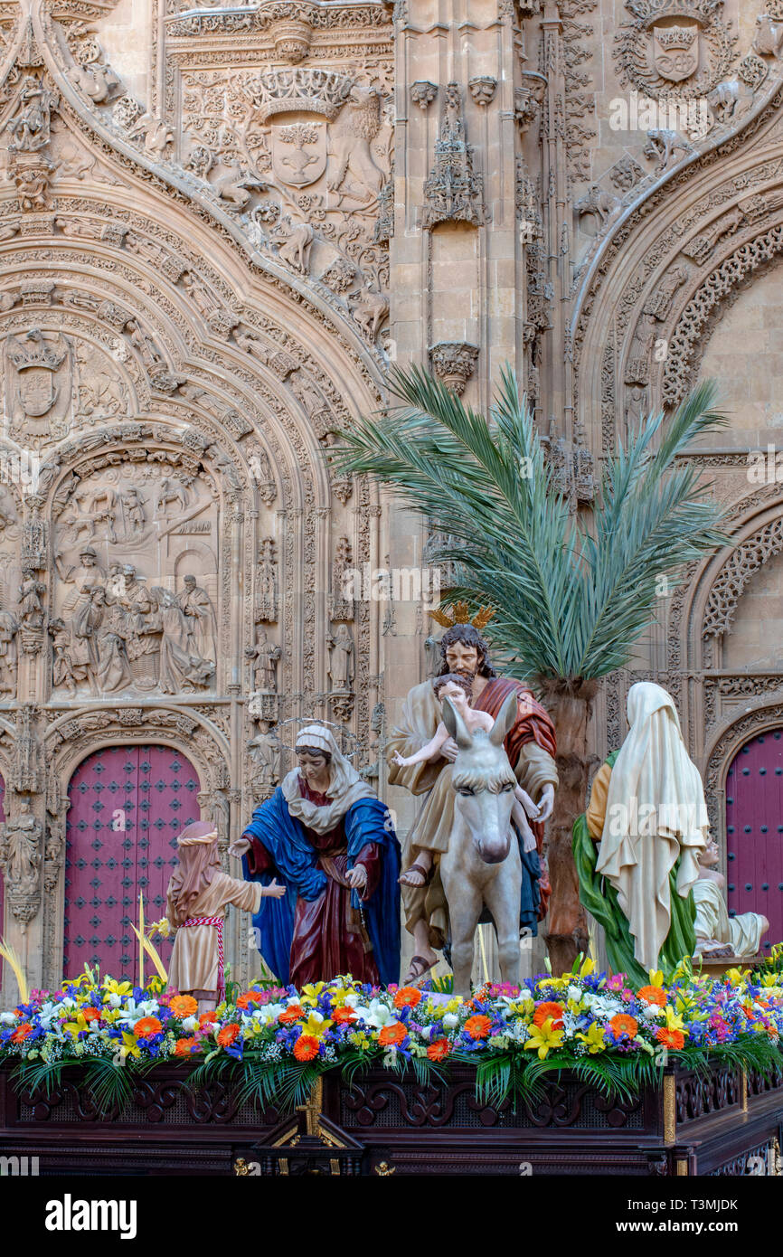 Salamanca; España; marzo de 2015: la tradicional procesión de Semana Santa,  la imagen de Jesús montado en un pollino, durante la celebración del Domingo  de Ramos en la s Fotografía de stock -