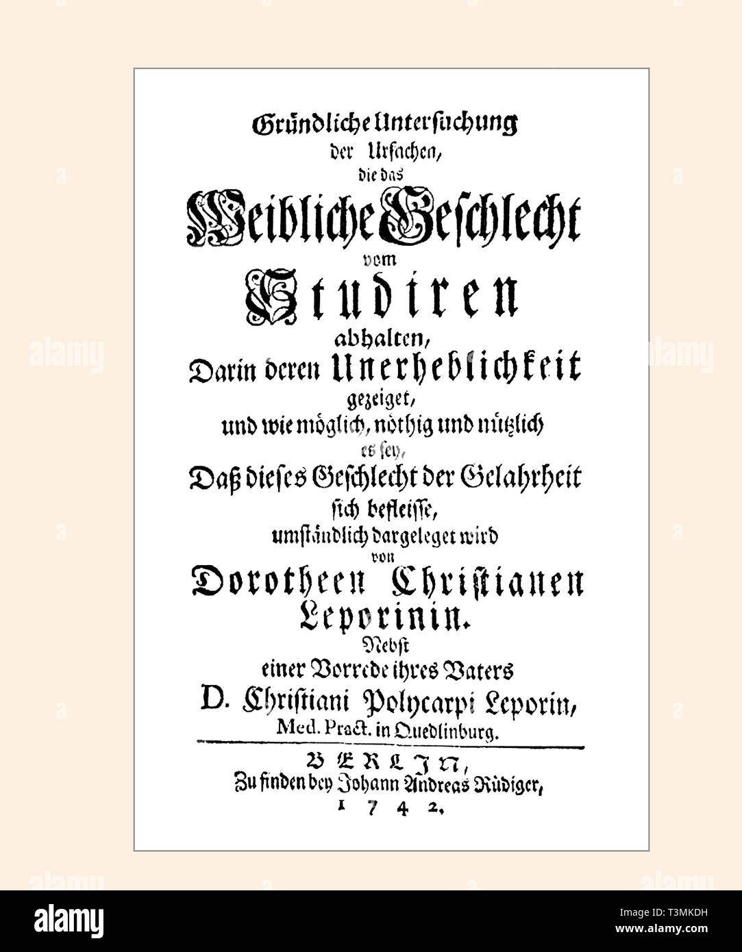 Dorothea Erxleben Página de título 1742 del análisis de los obstáculos que impiden a las mujeres estudiar Foto de stock